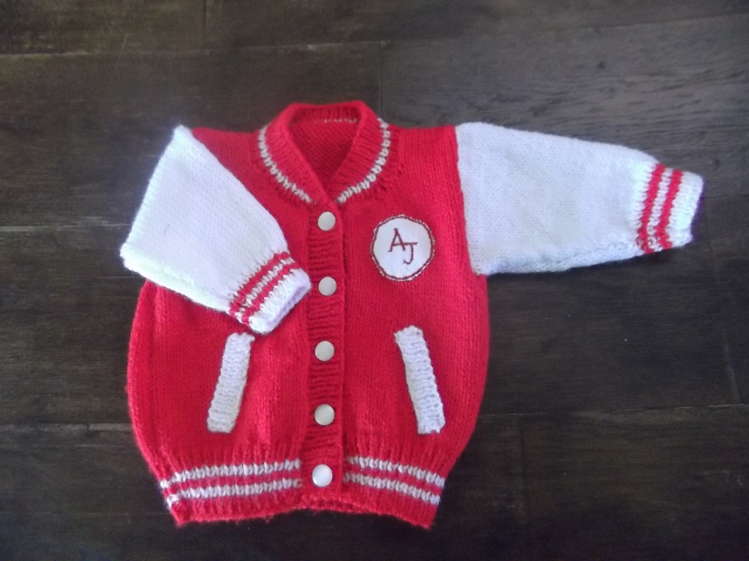 Baby Sweater Cardigan Varsity Sport Style Red and White Personalize the Badge Hand Knitted
