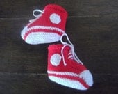 Baby Booties Sport Style Red and WhiteTrainer Style Lace Up Hand Knitted