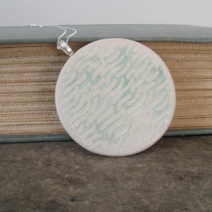 handmade ceramic necklace, full moon, pale turquoise