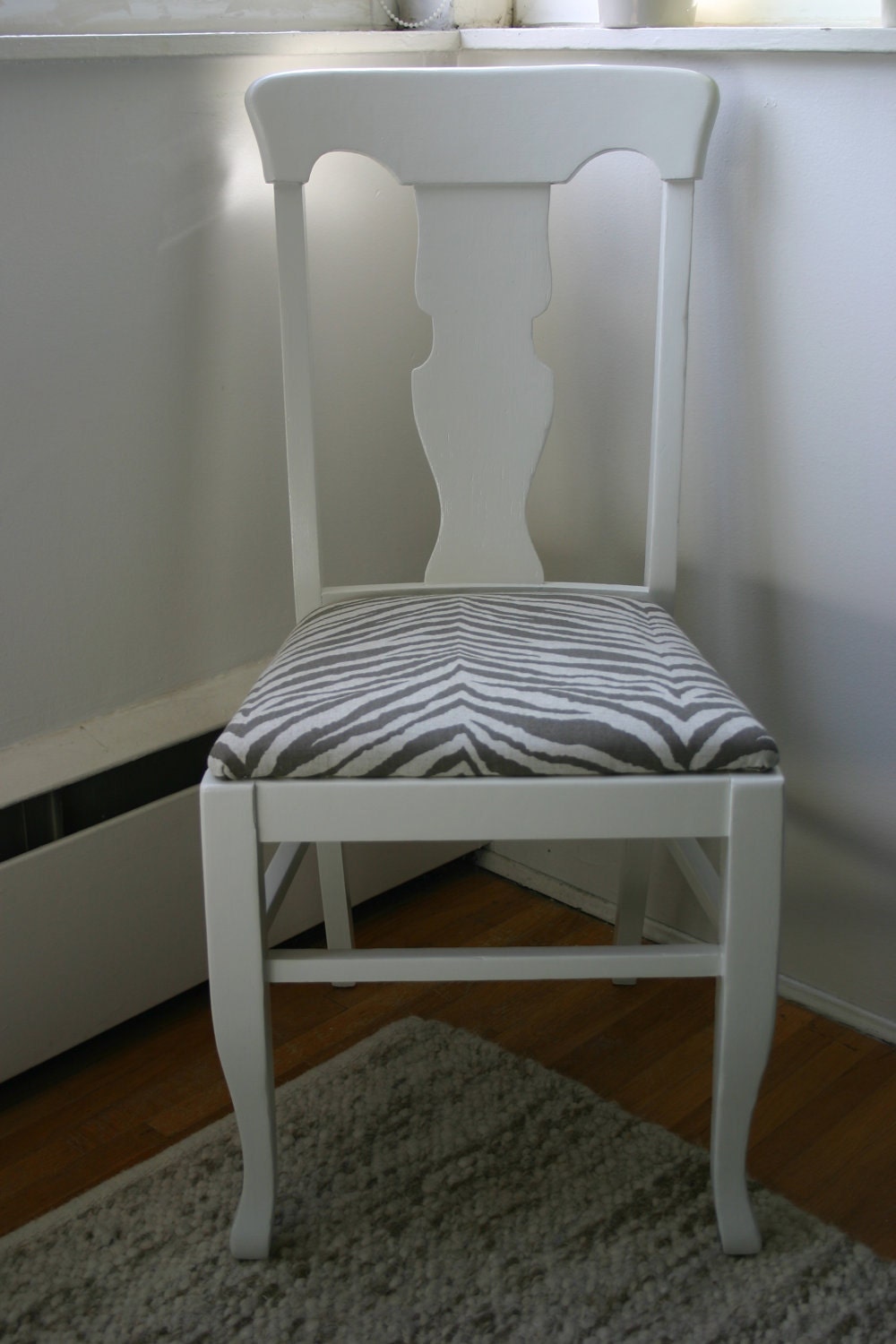 Dining Chair - Vintage White Chair with Animal-Print Seat Cushion