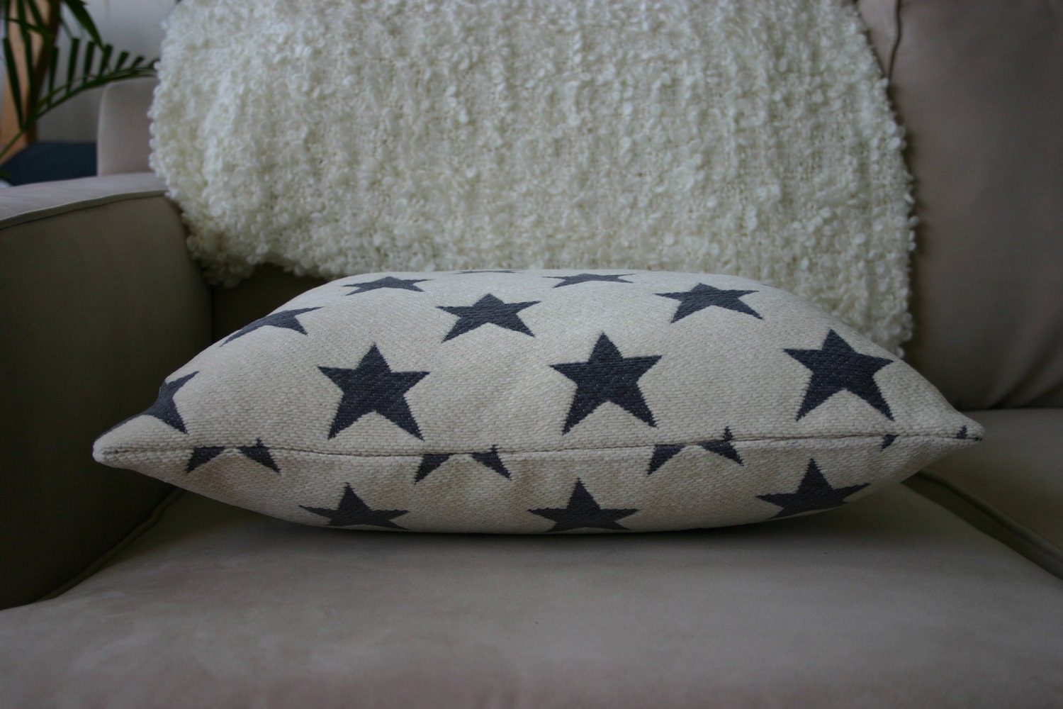 Super Cozy ROCKSTAR Pillow - Cream and Grey Pillow - Star Fabric