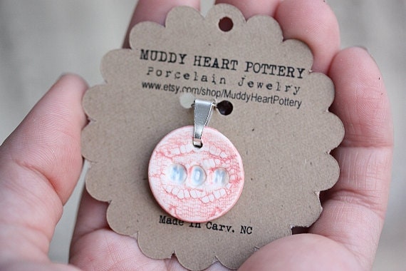 Mom Porcelain Pendant Charm in Sorbet Pink and Periwinkle Blue with 925 sterling silver bail MADE TO ORDER