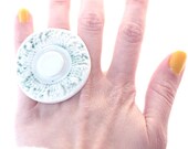 Porcelain Statement Ring Huge Circle in White and Aquamarine with Adjustable Band Spring summer fashion READY TO SHIP