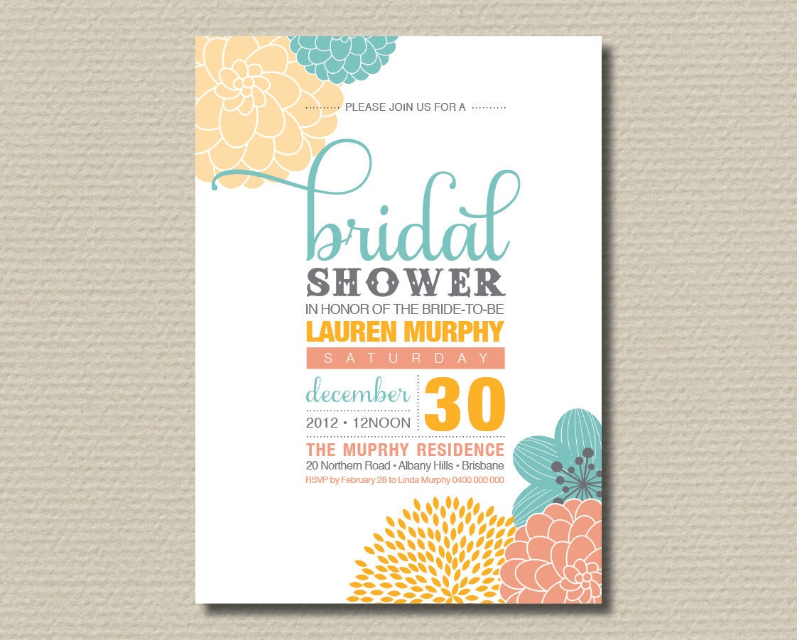Printable Bridal Shower Invitation - Modern flower design in citrus and aqua tones (BR04)