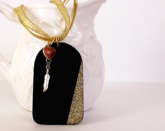 Boho Natural Chalkboard Tag Necklace with Gold Glitter and Feather Heart