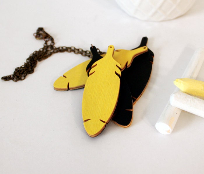 Feather Necklace Chalkboard Neon Yellow Reversible Boho Fashion Necklace