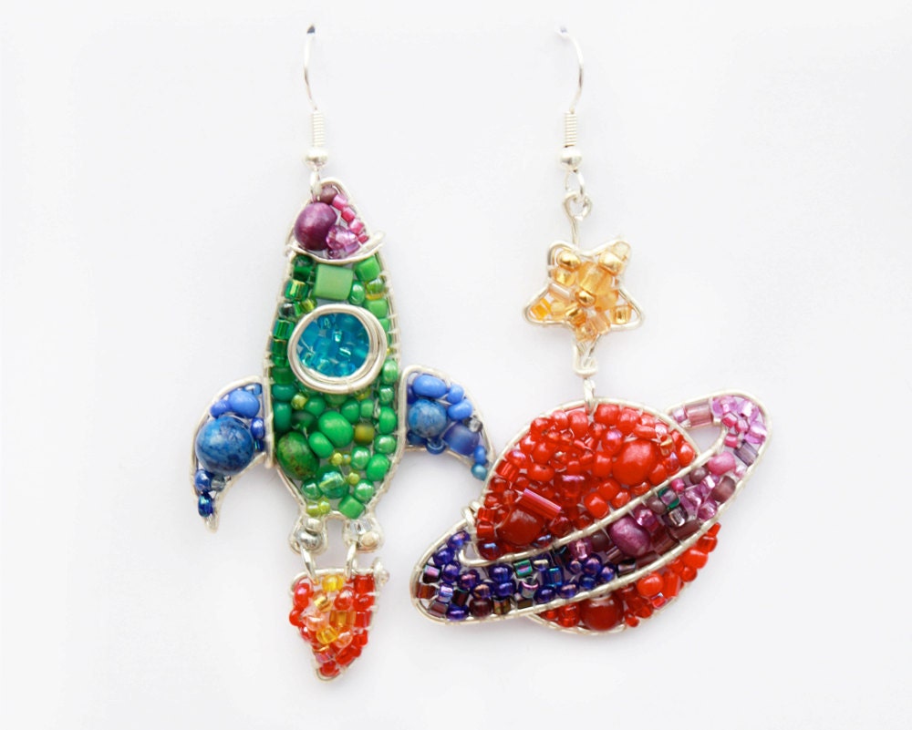 Reserved For Bonnie: Rocket and Planet Beaded Earrings