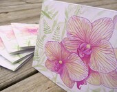 Gardening watercolor notecard set, 5 Elegant Pink Orchid in Garden, Eco-friendly