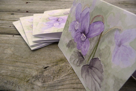Violet watercolor reprint note cards, spring garden set of 5 cards and envelopes eco friendly