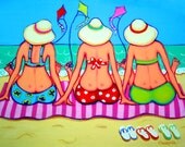 Funny Whimsical Beach Ocean Seashore Women Glicee Print - Kite Flying 101 from Original Coastal Painting Korpita ebsq