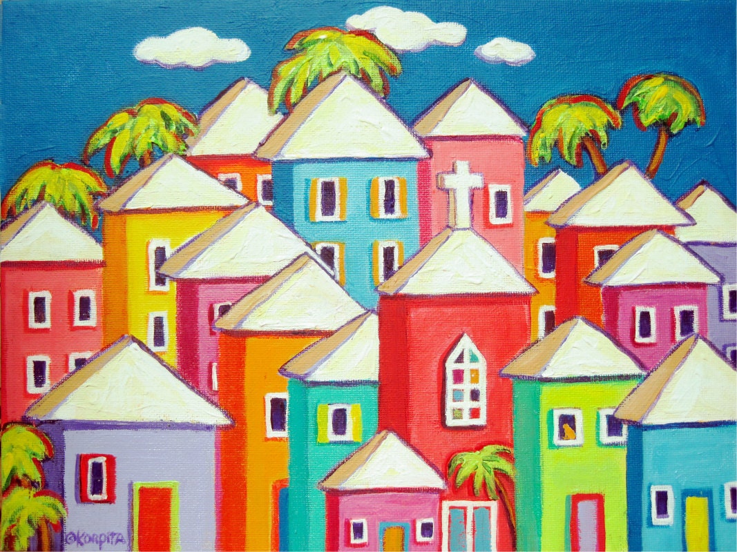 Little Village - Colorful Carribean Houses Seaside Town Painting Tropical Church Cat Original Folk Art Acrylic Korpita ebsq