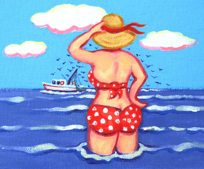 Funny Woman Beach Seashore Ocean Shrimpboat Coastal Original Painting - Wading in the Gulf- Korpita ebsq