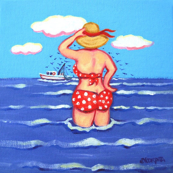 Funny Woman Beach Seashore Ocean Shrimpboat Coastal Original Painting - Wading in the Gulf- Korpita ebsq