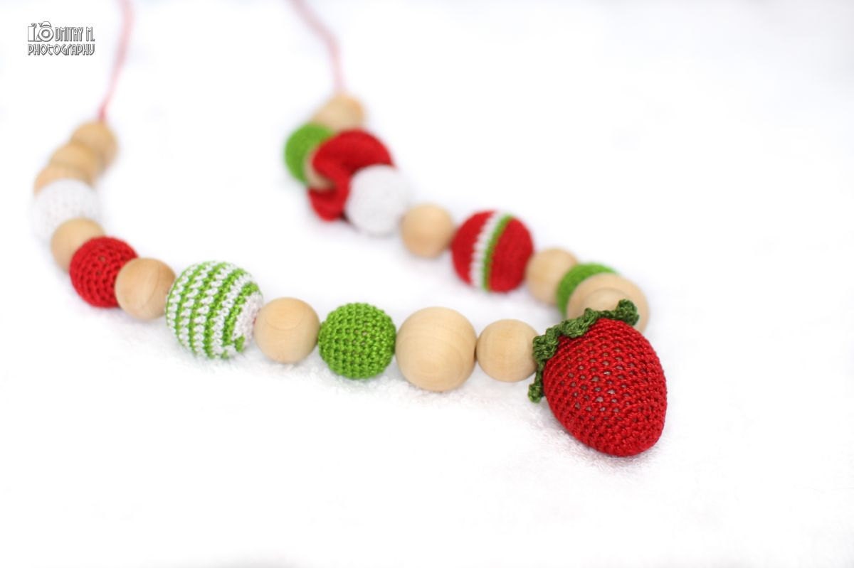 Organic Nursing necklace Teething necklace amigurumi toy Strawberry in red, green and white.