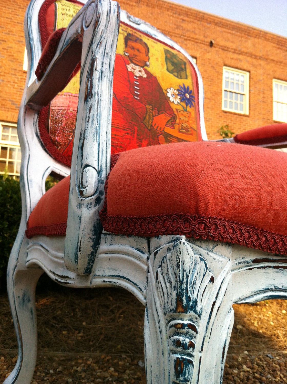 Bohemian Accent Chair Upholstered in French Coral Linen and Art Panel Portraying a Lady in Scarlet Dress by Heather Throne Upholstery