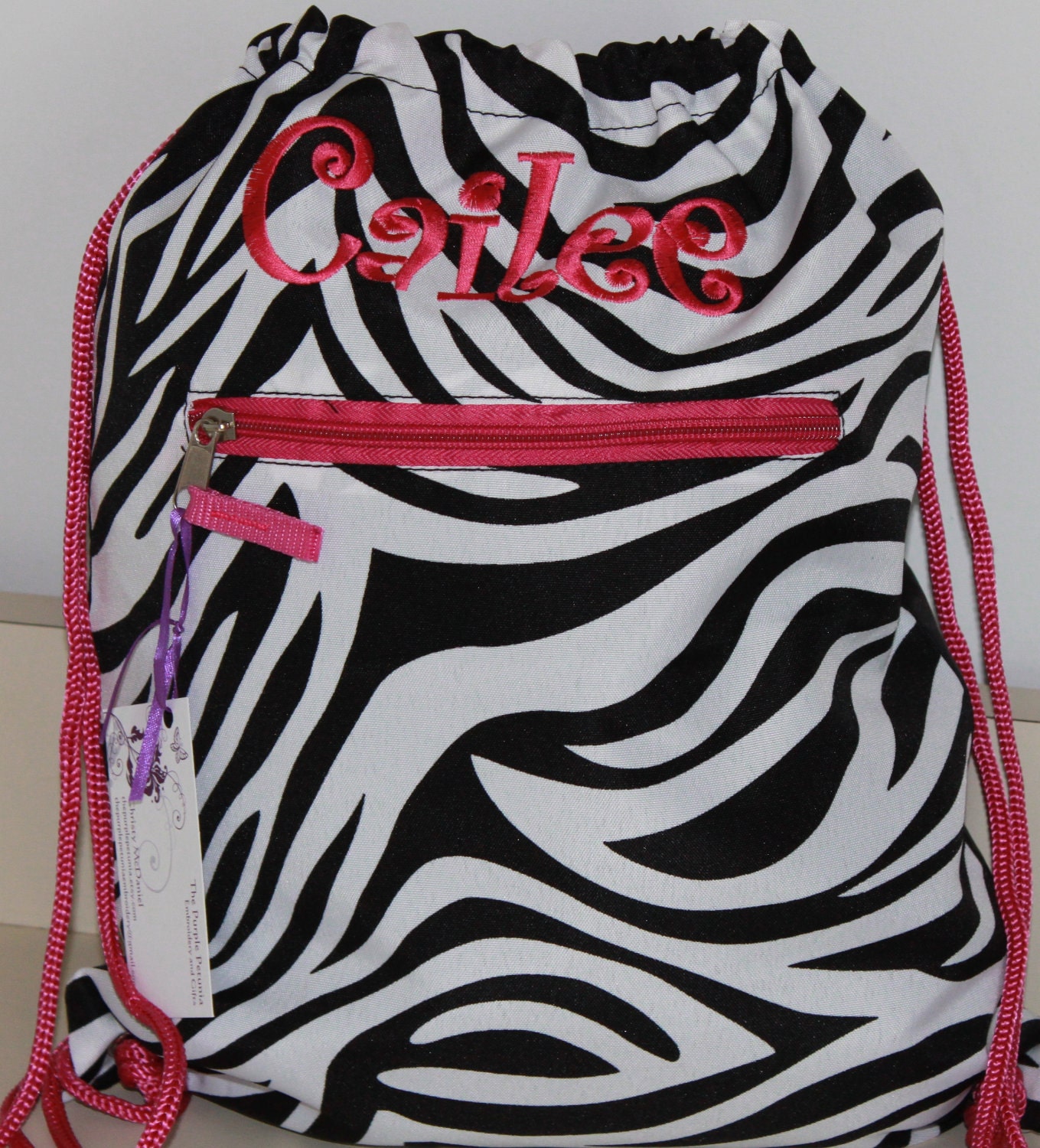 Zebra and Pink Drawstring Backpack Cinch Sack Bookbag Camp Bag Girls Monogrammed Personalized Tote