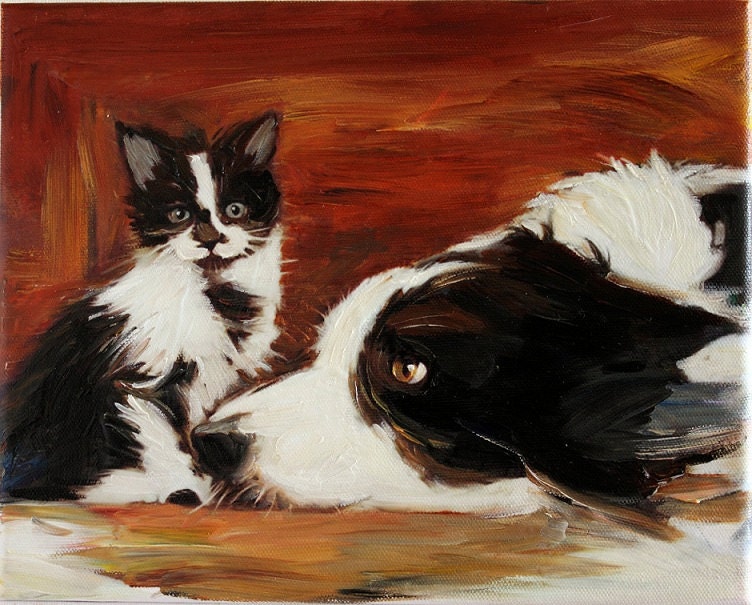 Animal Art Cat and Dog Original Oil Painting on Canvas Modern Wall Decor