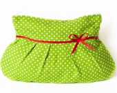cosmetic bag,  makeup bag, purse, green, white, spotted, red ribbon, fabric, handmade
