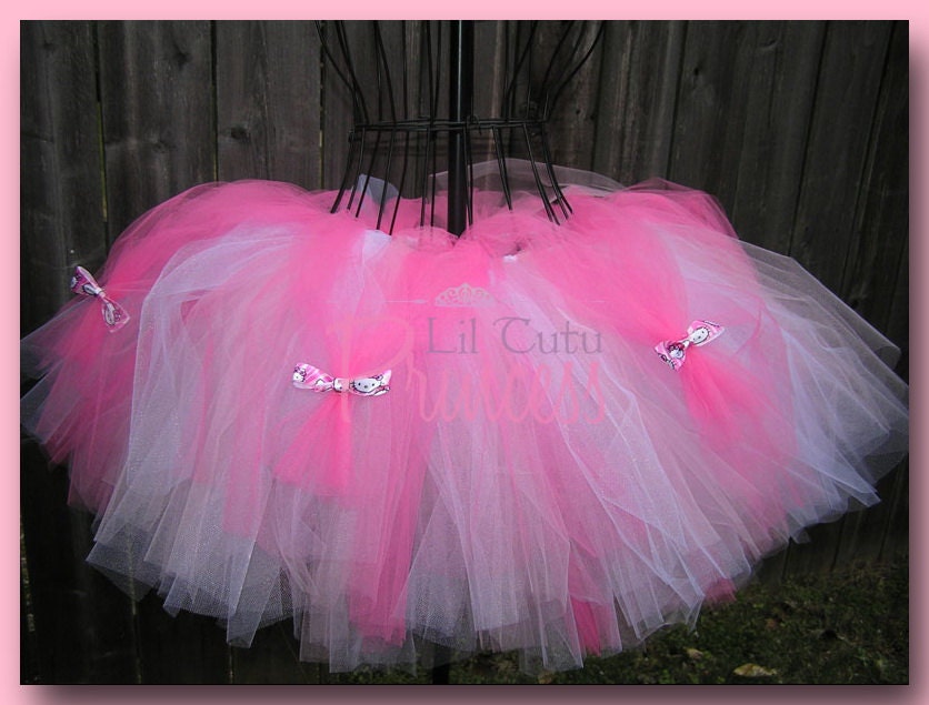 Hello Kitty Hot Pink, Pink and White Tutu with Satin Hello Kitty Ribbons - Infant, Baby, Toddler and Adult Sizes Available - Birthday Tutu