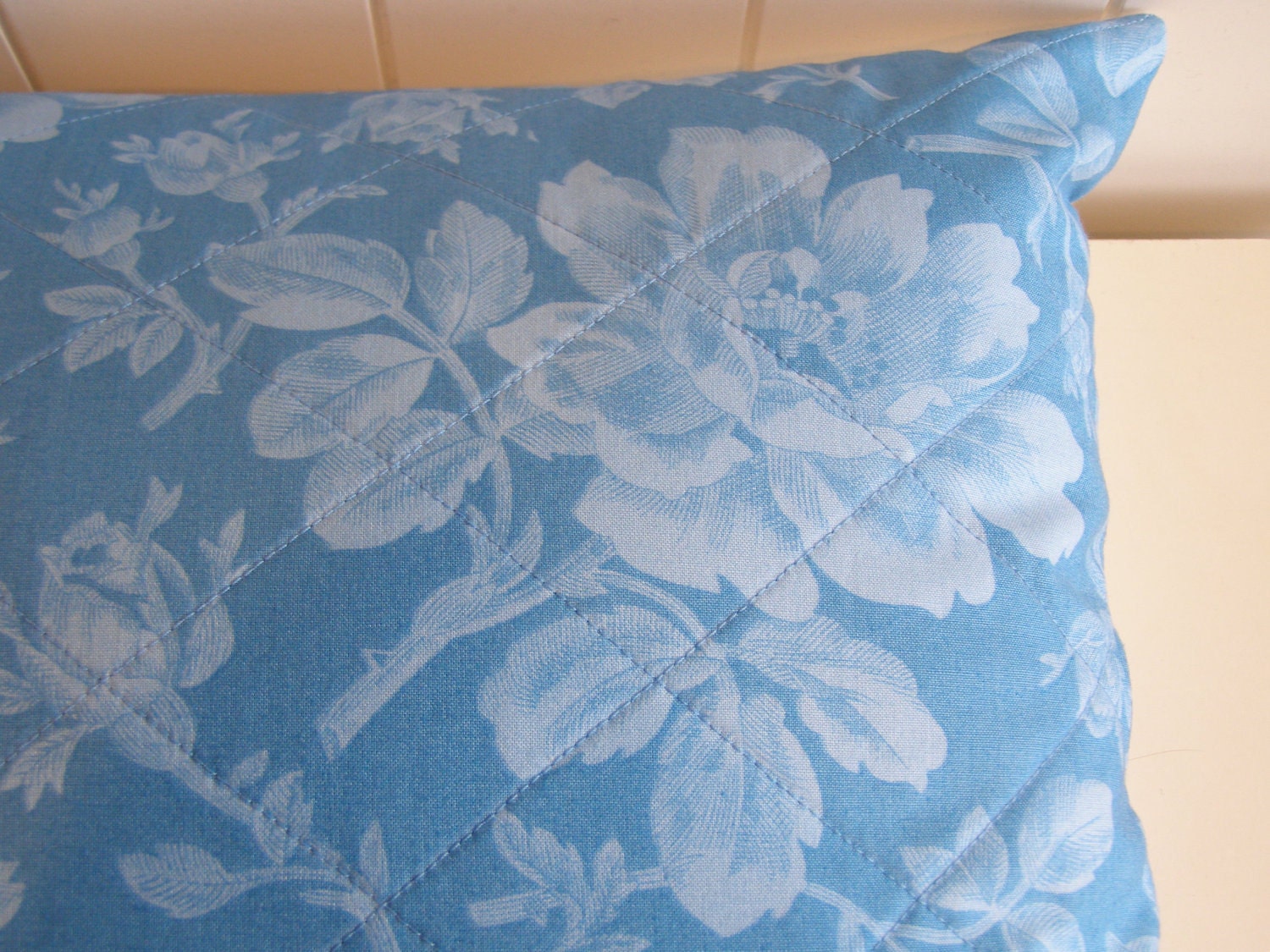 Diamond Quilted Cushion Cover, Pillow Cover - Enchanted Rose Print in Cornflower Blue & Vanilla Stripe