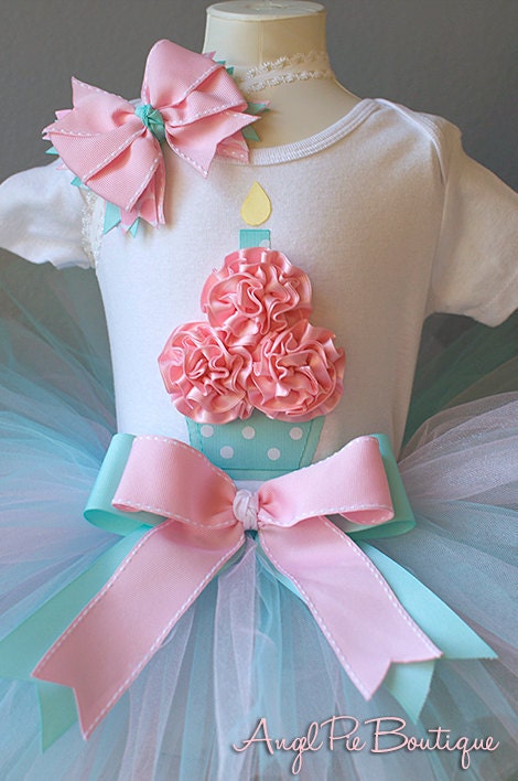Baby Girl's First Birthday Outfit - Cupcake Onesie, Tutu and Matching Headband - Tiffany Blue and Baby Pink