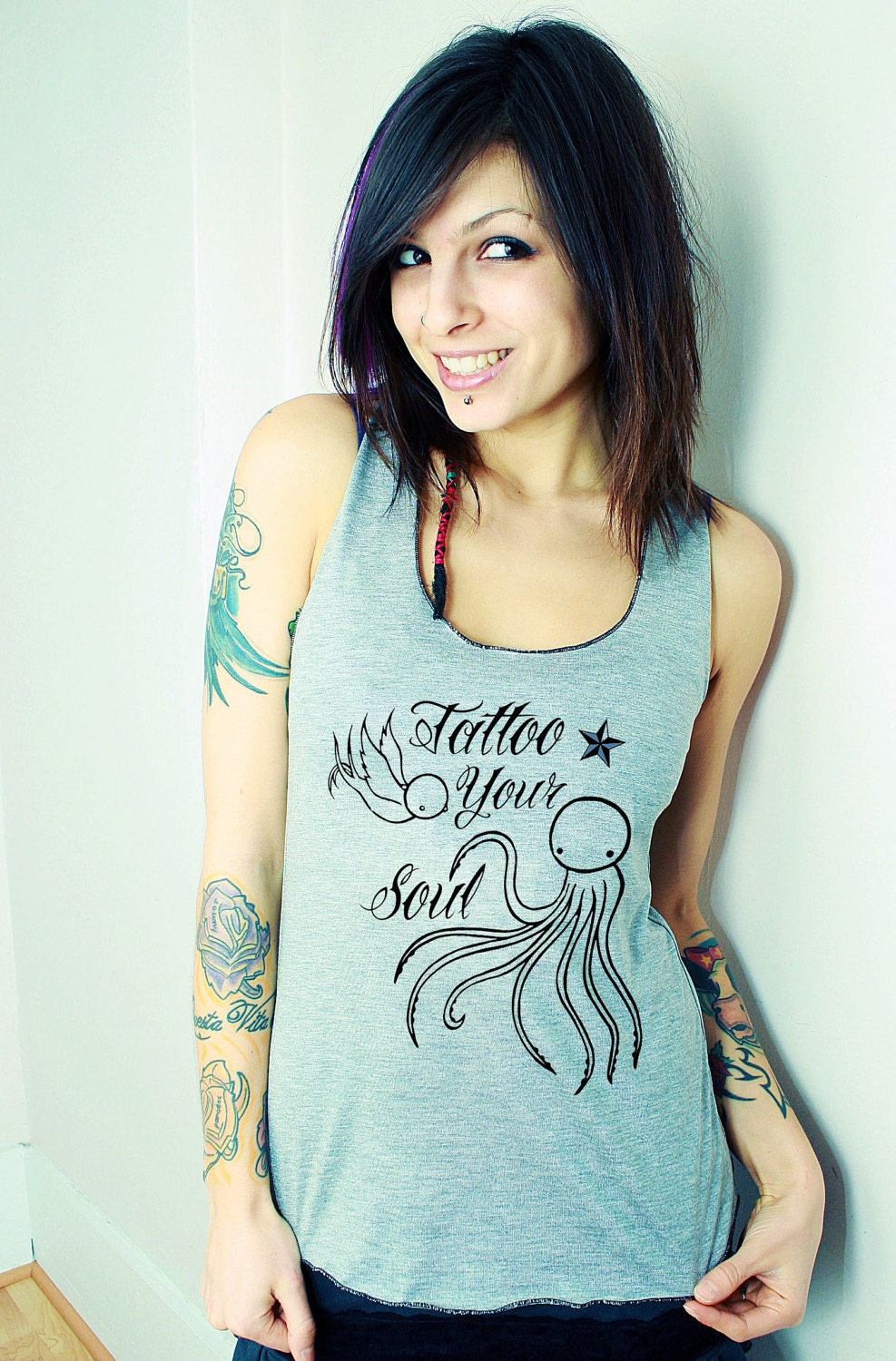LAST OnE - TATTOO your SouL - Octopus Swallow Nautical Star Racer Back Tank - Organic Eco Tee Top Shirt - ReLove Plan.et - M