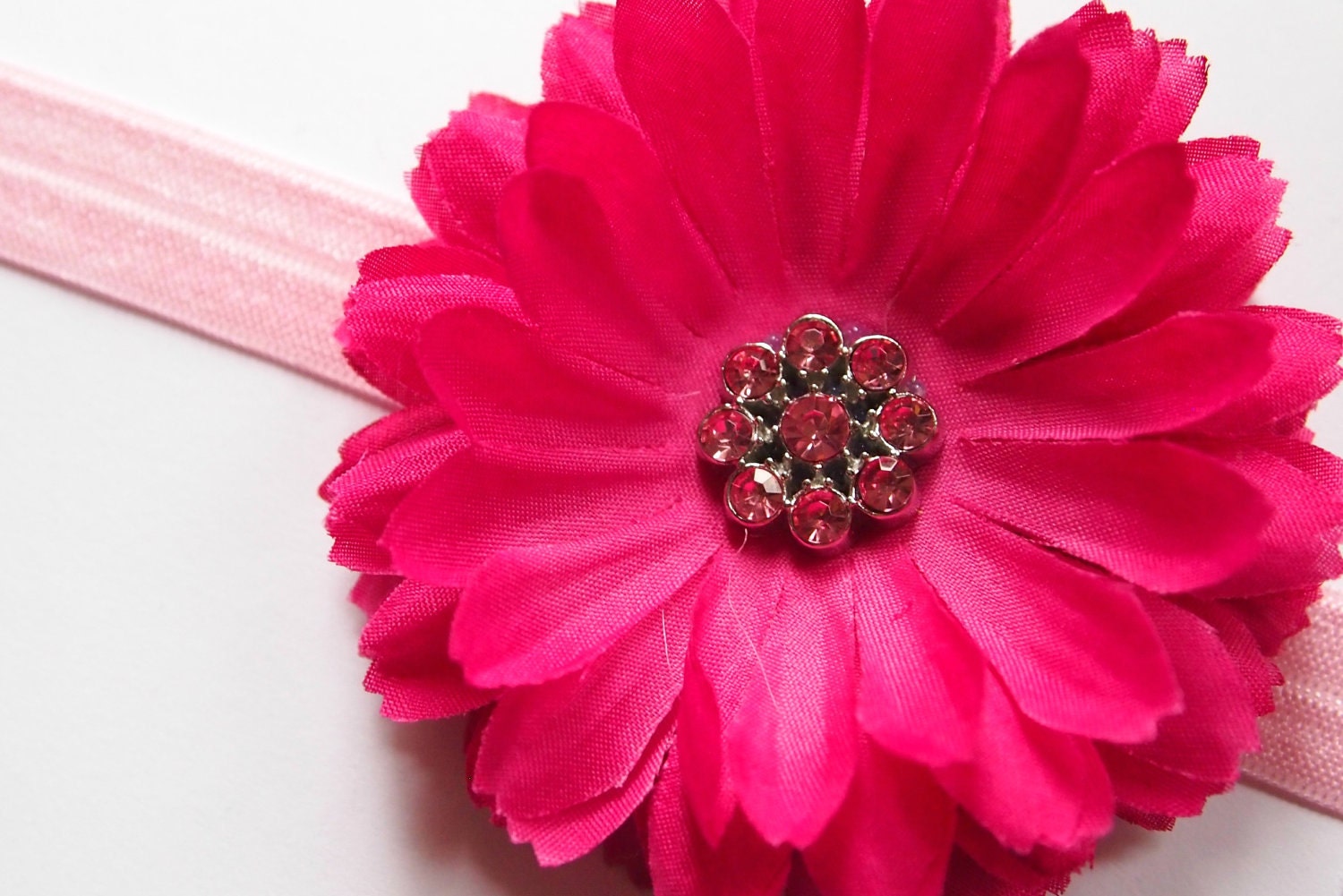 Baby Headband - Baby Flower Headband - Fuschia Pink Baby Girl Flower Headband with Rhinestones - Infant To Toddler Fushcia Flower Headband