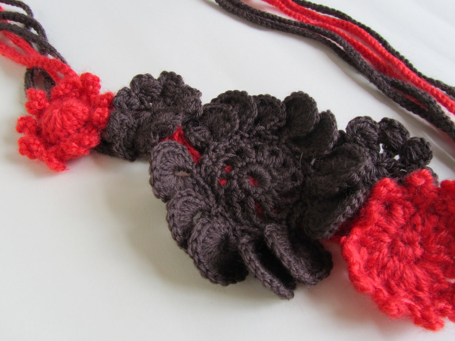 Autumn Orange Brown Flower Necklace, Crochet Elegance, feminine fashion jewelry