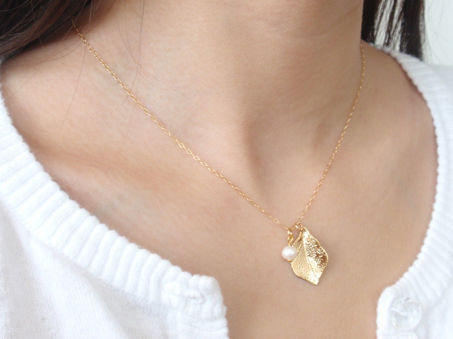 Pearl & Leaf 14K gold filled necklace-simple everyday jewelry