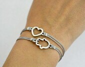 Two cord Bracelets with a silver Hamsa and a heart charm, gray string. Friendship bracelets. stack bracelets, bracelets set, gift for her