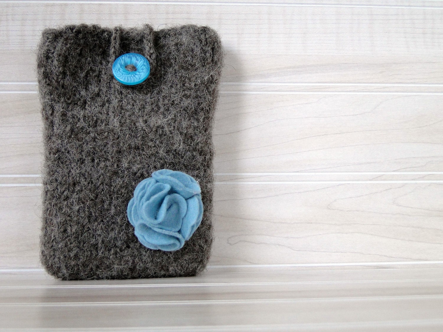 Felted cell phone cozy in brown and teal , smartphone case fits iPhone, Blackberry and Android phones