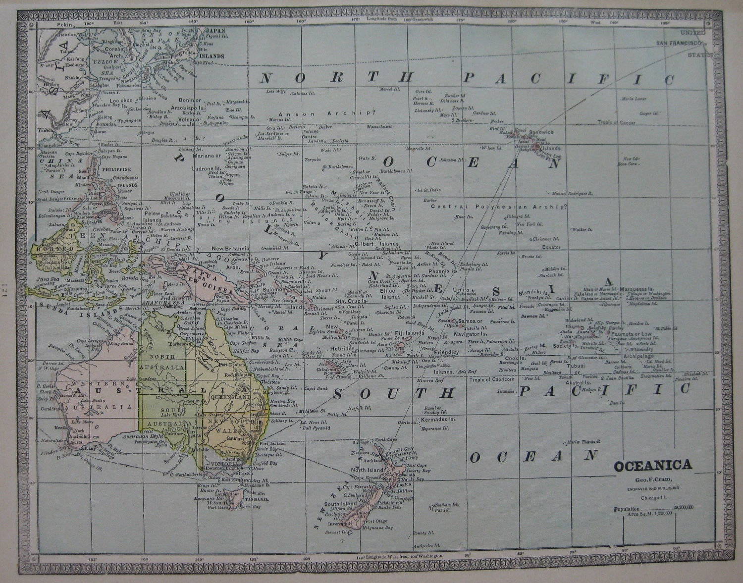 Antique OCEANICA  Map Oceania South Pacific POLYNESIA Islands 1886 Beautiful Color Vintage Map 164