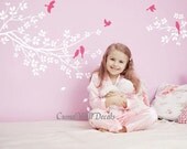 Tree and bird wall decals Nursery wall sticker Branch vinyl wall decal Children wall decals nature - 2 parts branch with pink birds Z115