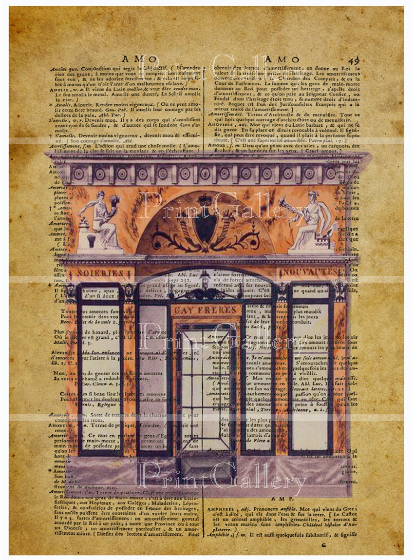 Paris Shop Front French Dictionary Book Page Old Drawing 1920s Vintage Architectural Art Deco Engraving Boutiques Wall Home Decor Prints 094