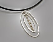 Oval- Sterling Silver Necklaces with Pearls and Gold Filled  Beads Ellipse Pendant Oval Pendant on Black Leather cord Jewelry Handmade