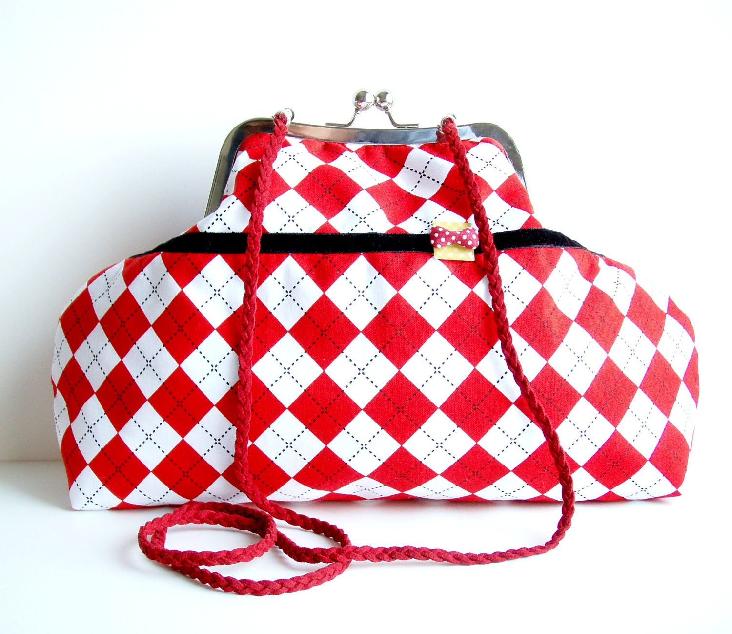 Shoulder Purse Red White Diamonds Printed Fabric Charming Bow