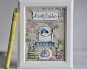 Personalized Kitchen Art - Appliqued, Framed - Bake a Cake - floral print in pink green and blue 