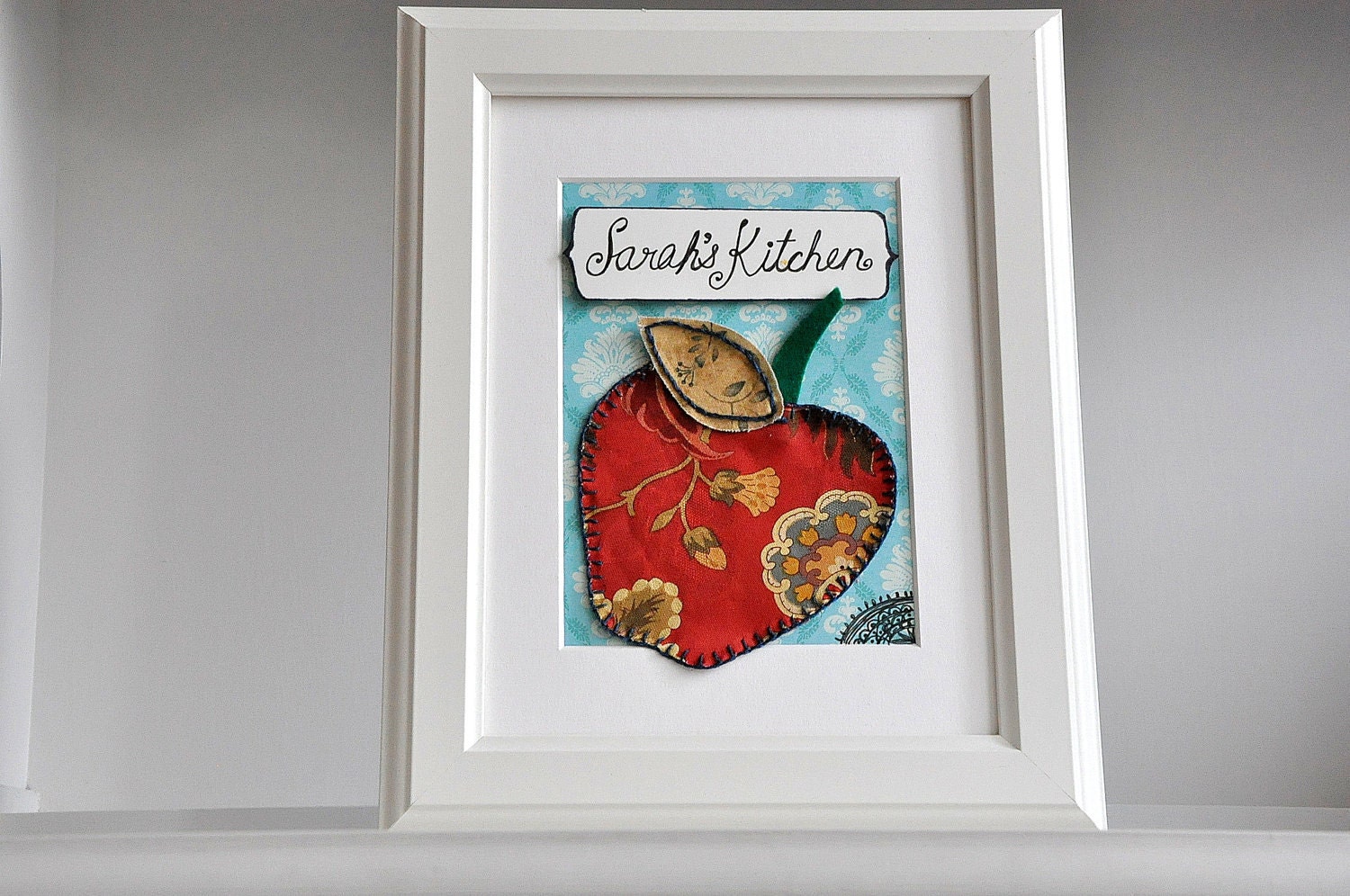 Kitchen Wall Art - Personalized - Framed - Floral Fiber - Applique Apple
