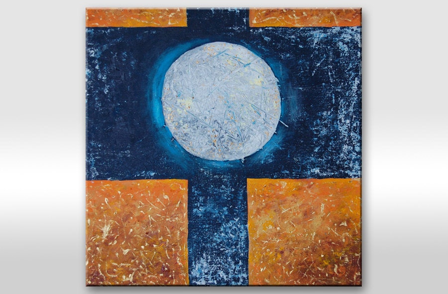 Original painting Modern Abstract on Canvas. Art Blue Golden Gray Artwork Full moon. Home decor "Moonlight" 16x16