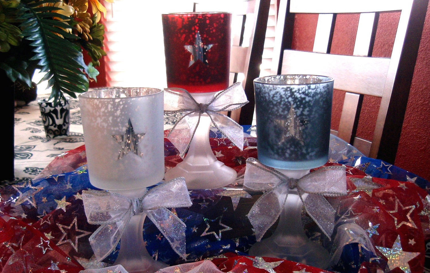 Red White and Blue Americana Votive Candle Trio - Patriotic - Stars & Stripes -Cottage - Shabby Chic - Repurposed
