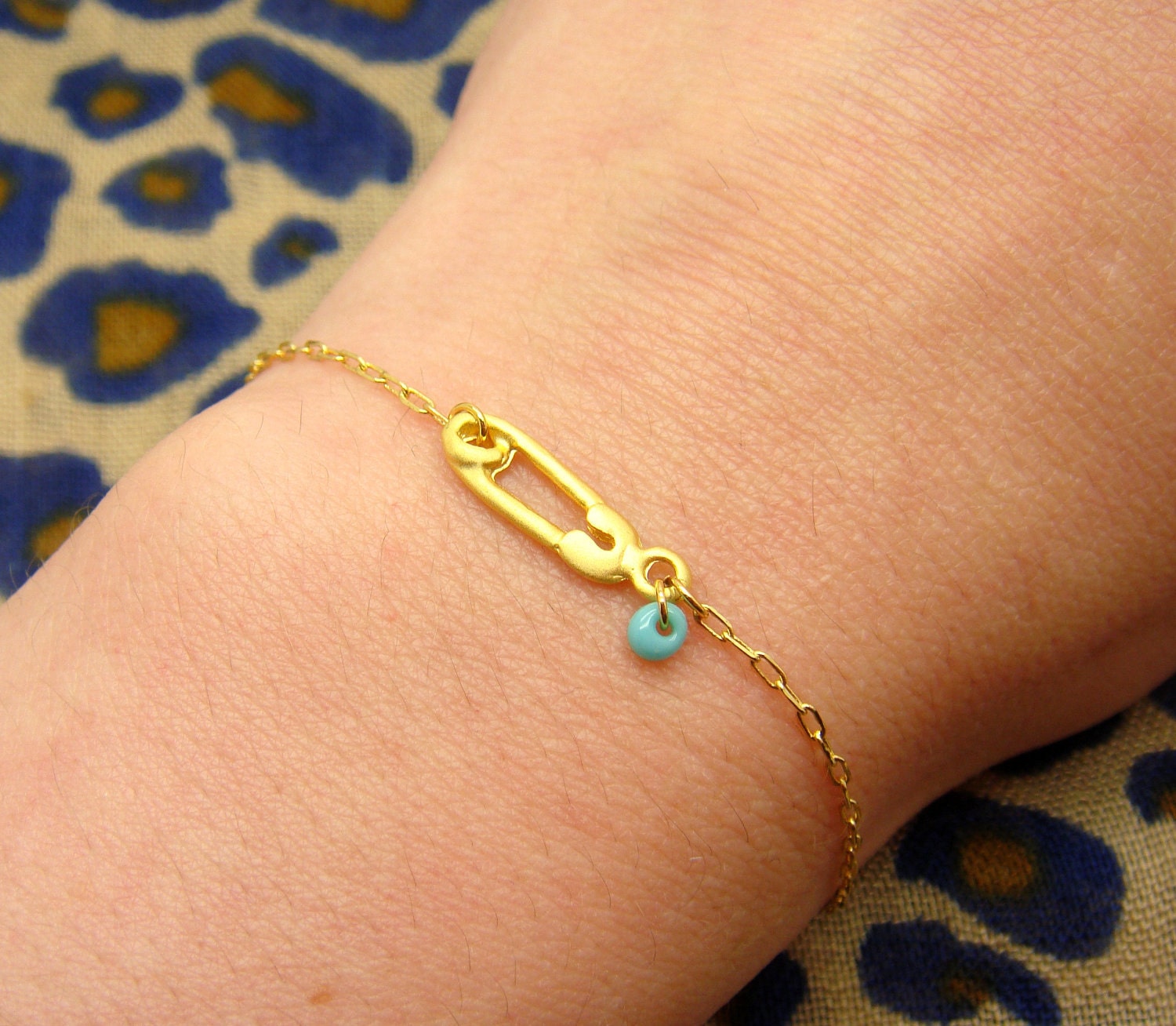 Tiny Safety Pin Bracelet - Matt Gold Plated Safety Pin Charm on Gold Delicate Chain w/ Tiny Turquoise Drop Pendant READY TO SHIP