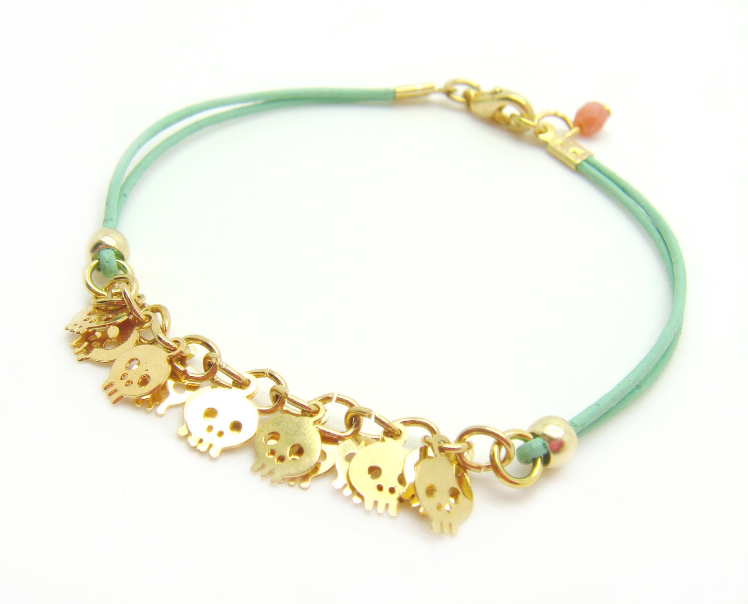 Tiny Skull Bracelet - Pastel Mint Leather W/ Tiny Gold Plated Skulls - Coral faceted pendant