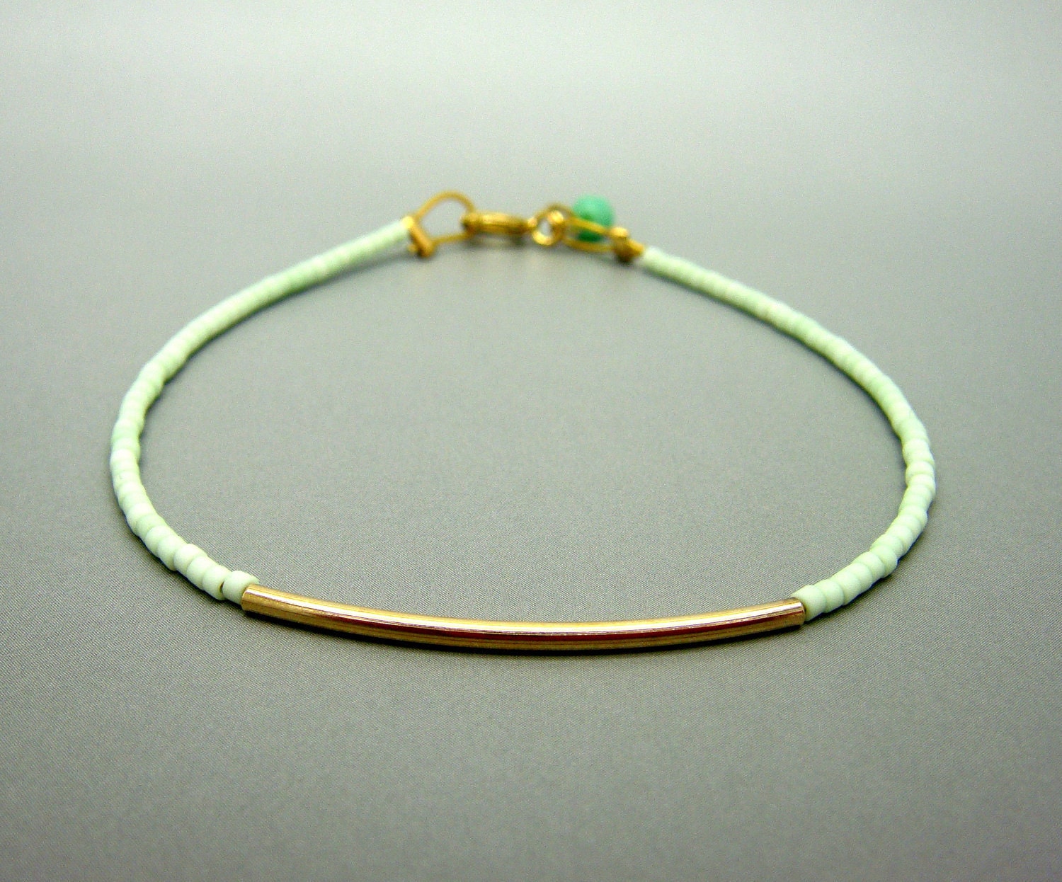 Pastel Mint Beaded Bracelet w/ Tiny Gold Bar - Friendship Bracelet