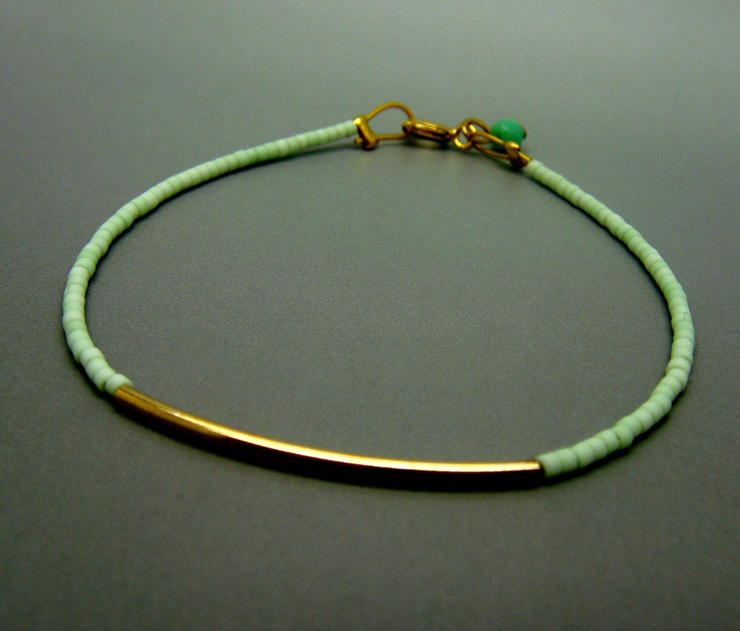 Pastel Mint Beaded Bracelet w/ Tiny Gold Bar - Friendship Bracelet