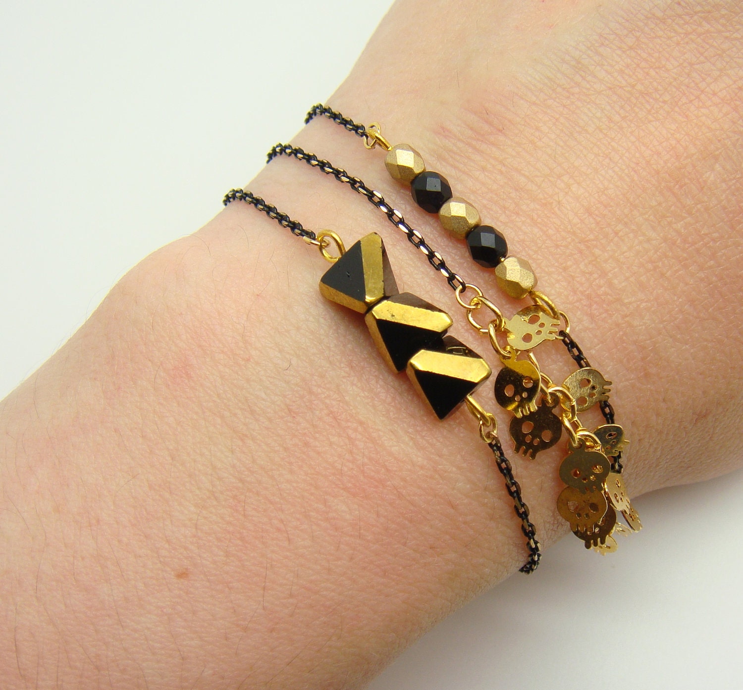 Tiny Skull Bracelet - Gold Skull Charms on Gold & Black Delicate Chain with Black Faceted Pendant