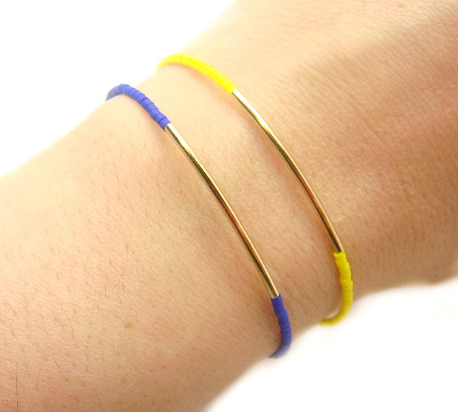 Neon Yellow Beaded Bracelet w/ Tiny Gold Bar & Purple Tassel- Friendship Bracelet - Bangle Bracelet