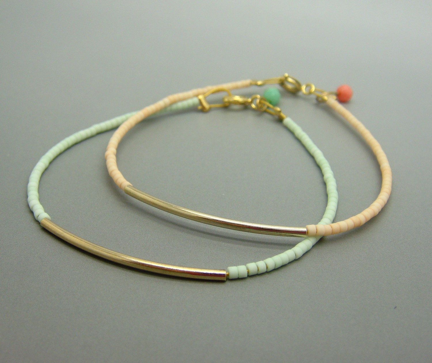 Neon Yellow Beaded Bracelet w/ Tiny Gold Bar & Purple Tassel- Friendship Bracelet - Bangle Bracelet