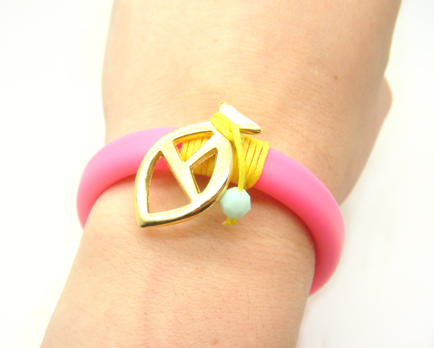 Neon Bracelet TREND - Neon Pink Rubber Bracelet w/ Gold Fish Charm , Swarovski Mint Bead & Mint Tassel