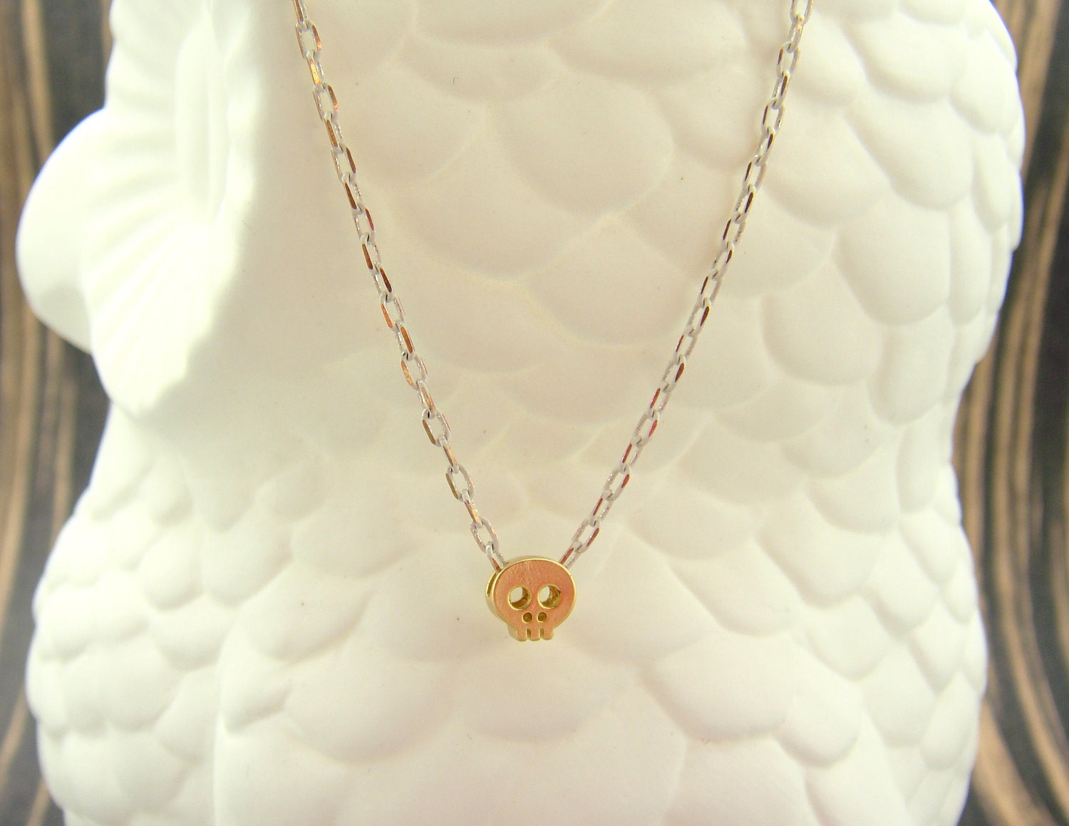 Tiny Skull Necklace - Matt 14k Gold Plated Skull Charm on Gold & White Delicate Chain with Mint Faceted Bead READY TO SHIP