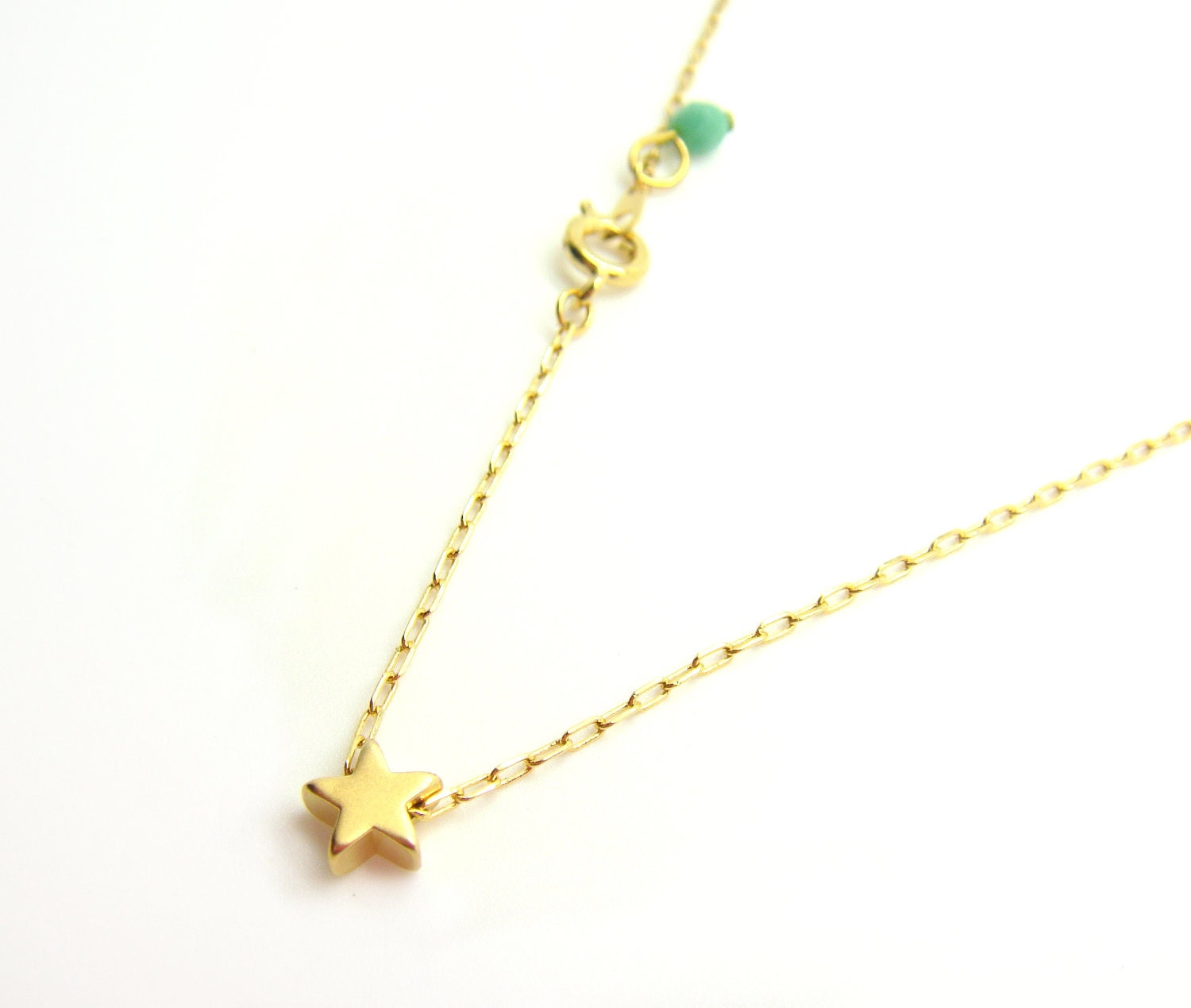 Tiny Star Necklace - Matte 14k Gold Plated Star Charm on Gold Delicate Chain w/ Mint Faceted Bead (also Silver tone available)